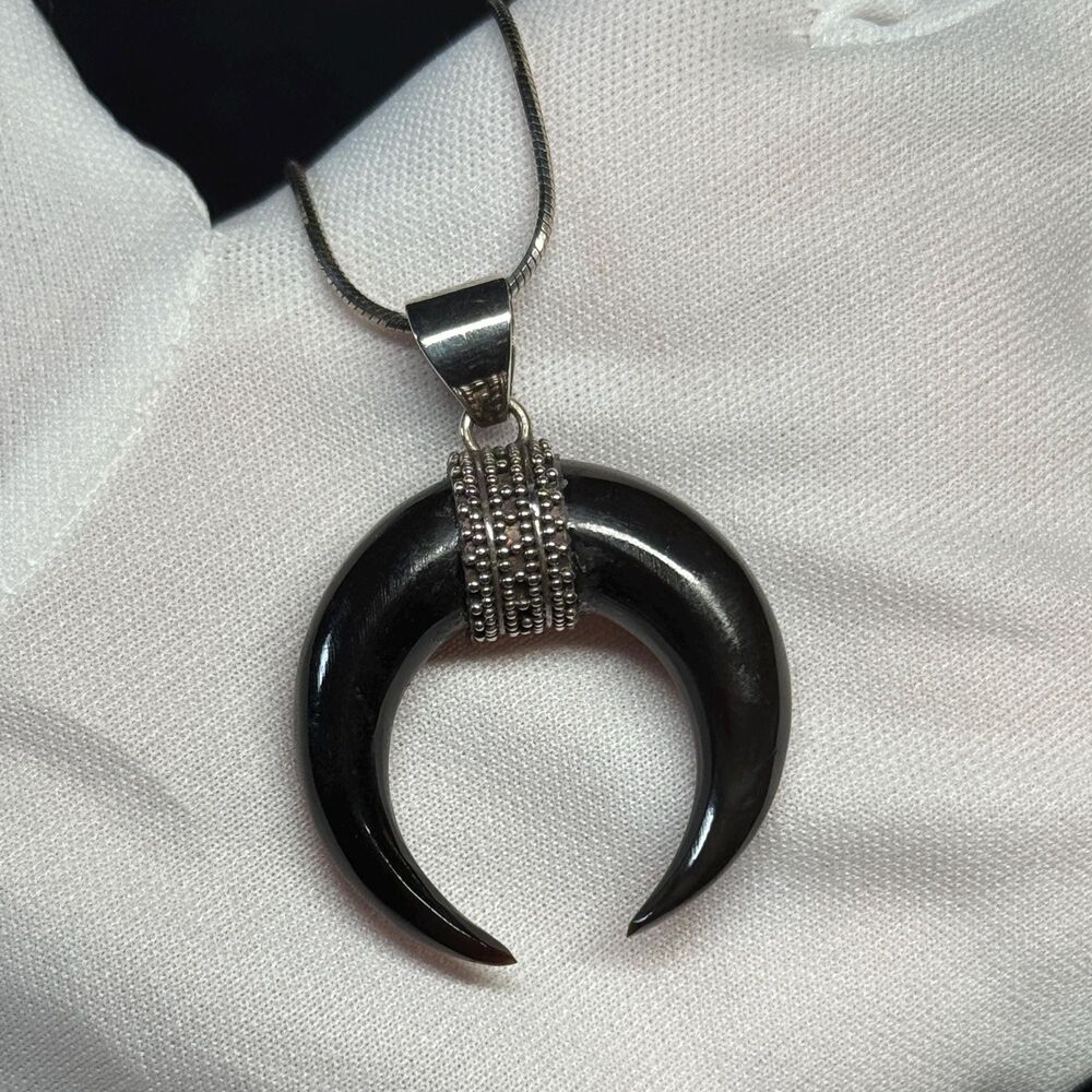 Sterling Silver Black Crescent Moon Pendant Necklace 18"